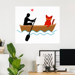 Kat en roeier in boot grappige grillige huisdieren poster