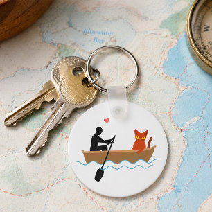 Kat en Roeier in Boot Grappige Whimsical Huisdierl Sleutelhanger