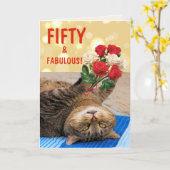 Kat en Rozen 50e verjaardag Kaart (Gele Bloem)