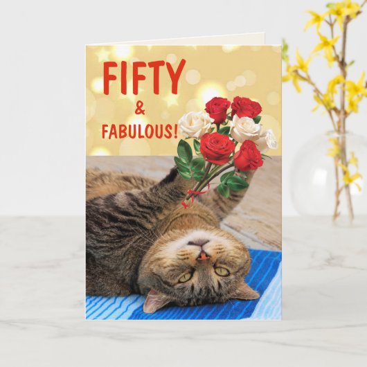 Kat en Rozen 50e verjaardag Kaart (Gele Bloem)