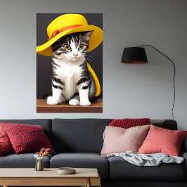 Kat en schattige kat in geel pet | AI Art. Poster