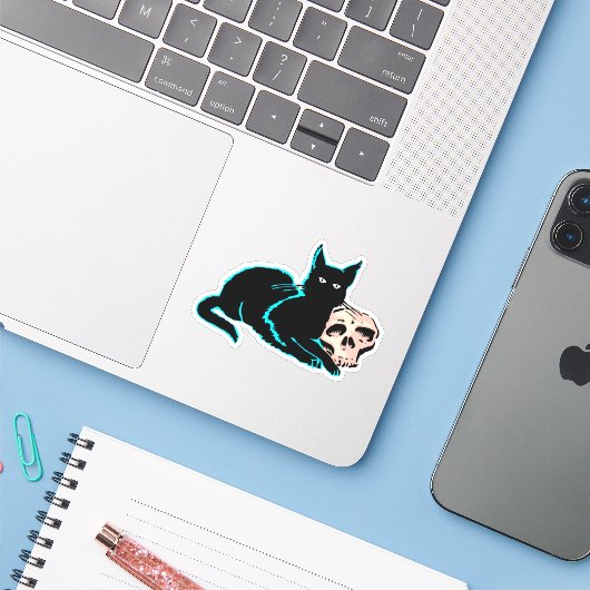Kat en schedel Halloween illustratie Sticker (Laptop met iPhone)