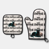 Kat en schedel Happy Halloween Ovenwant & Pannenlap Set (Voorkant)