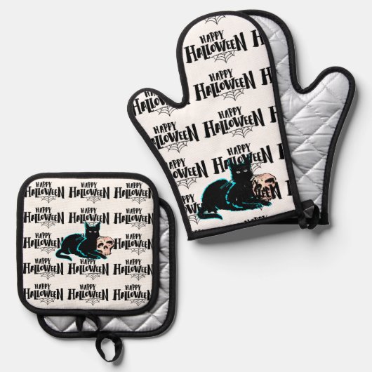 Kat en schedel Happy Halloween Ovenwant & Pannenlap Set (Voorkant / Achterkant)