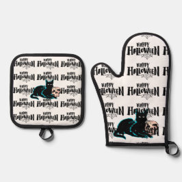 Kat en schedel Happy Halloween Ovenwant & Pannenlap Set