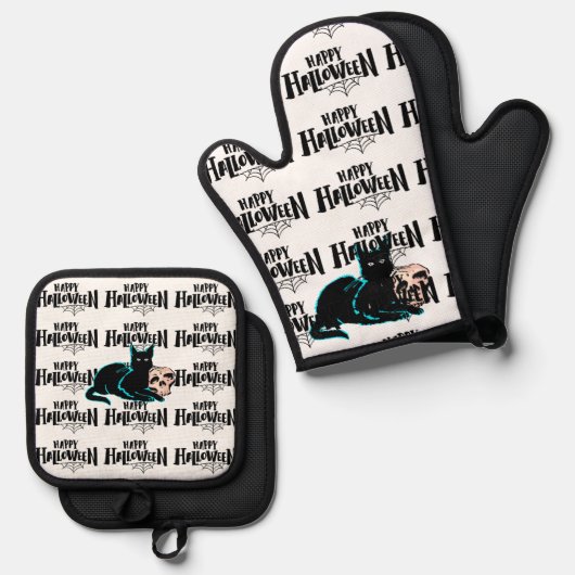 Kat en schedel Happy Halloween Ovenwant & Pannenlap Set (Voorkant / Achterkant)