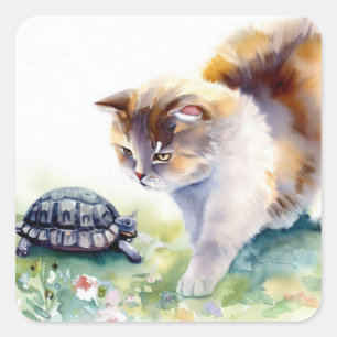 Kat en schildpad vierkante sticker