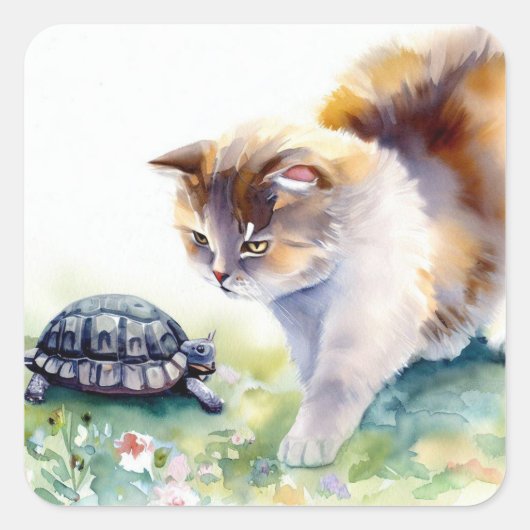 Kat en schildpad vierkante sticker (Voorkant)