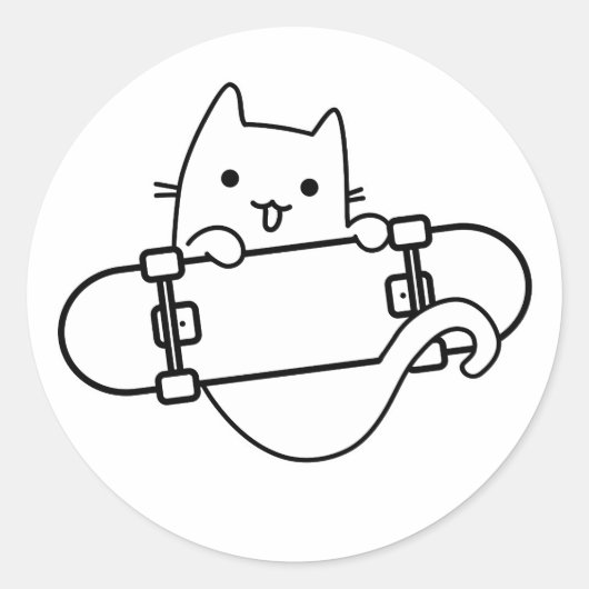 Kat en skateboard Skateboarding Happy Cat Outline Ronde Sticker (Voorkant)