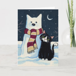 Kat en sneeuwkat in de nacht Kerst Kaart