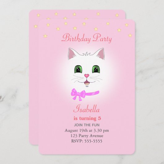 Kat en sterren op uitnodiging van lichtroze meisje (Voorkant / Achterkant)