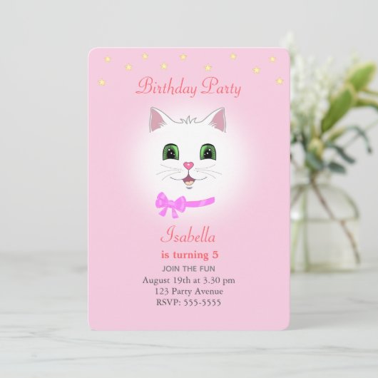 Kat en sterren op uitnodiging van lichtroze meisje (Staand voorkant)