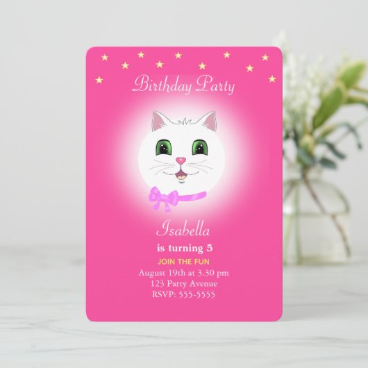 Kat en sterren op uitnodiging van roze meisje (Staand voorkant)