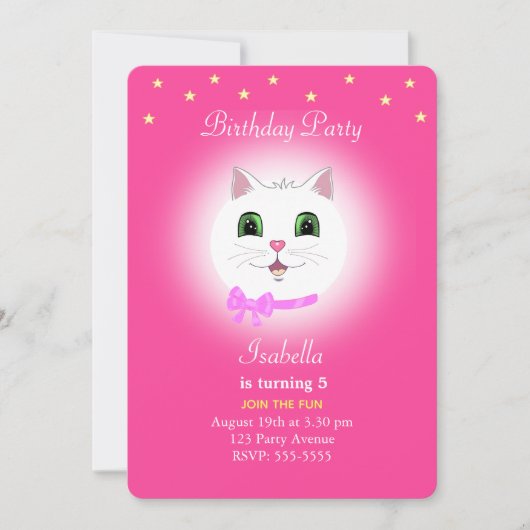Kat en sterren op uitnodiging van roze meisje (Voorkant)