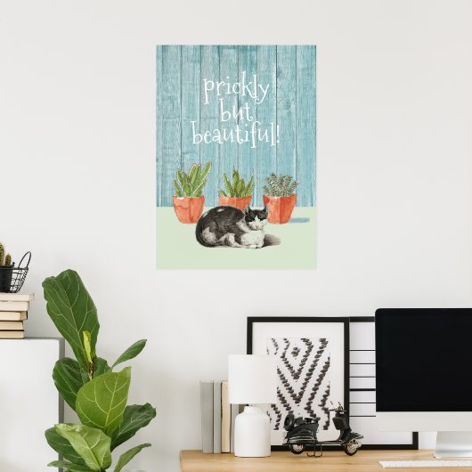 Kat en Succulente Cactus, waanzinnig maar mooi Poster (Thuiskantoor)