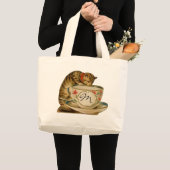 Kat en Teacup  Victoriaans Grote Tote Bag (Voorkant (product))