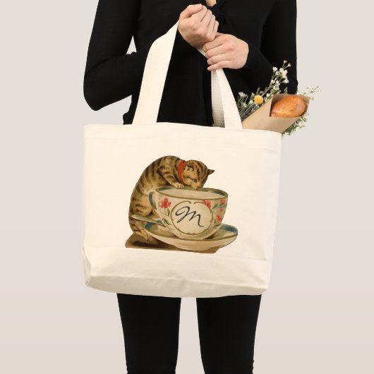 Kat en Teacup  Victoriaans Grote Tote Bag