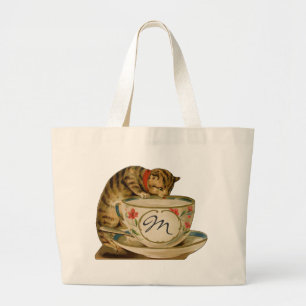 Kat en Theekopje Antieke Victoriaanse Stijl Grote Tote Bag