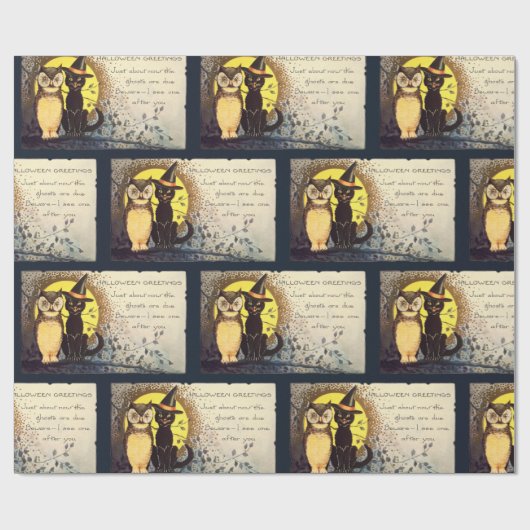 Kat en uil Halloween inpakpapier (Vlak)