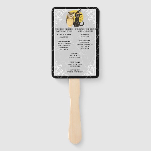 Kat en Uil Halloween Trouwprogramma Handwaaier (Achterkant)