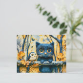 Kat en uil in het bos bij nacht gevoeld briefkaart (Staand voorkant)