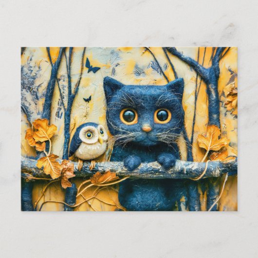Kat en uil in het bos bij nacht gevoeld briefkaart (Voorkant)