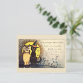 Kat en uil in het  Halloween Briefkaart (Staand voorkant)