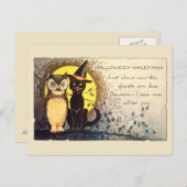 Kat en uil in het  Halloween Briefkaart (Voorkant / Achterkant)