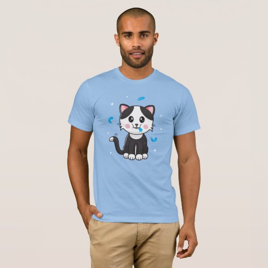 Kat en veren / Blauw T-shirt (Voorkant volledig)