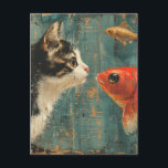 Kat en vis briefkaart<br><div class="desc">AI genereerde kunst van de schattige poes die naar een grote oranje vis en een kleinere grijze vis keek</div>