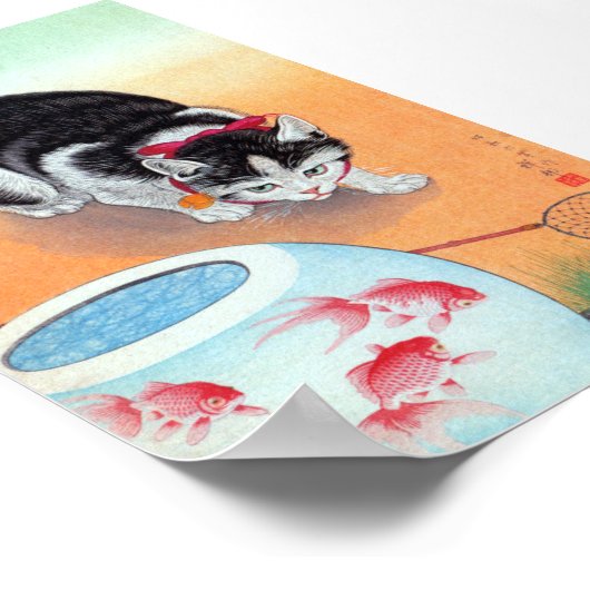 Kat en viskom - Ohara Koson, beheerst Poster (Hoek)