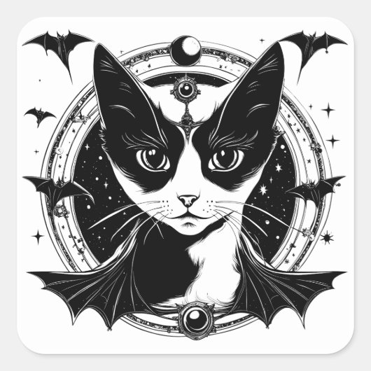 Kat en vleermuizen I Vierkante Sticker (Voorkant)