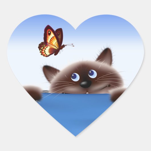 Kat en vlinder hart sticker (Voorkant)