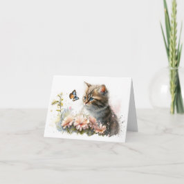 Kat en vlinder in de tuin notitiekaartje