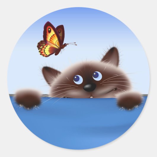 Kat en vlinder ronde sticker (Voorkant)