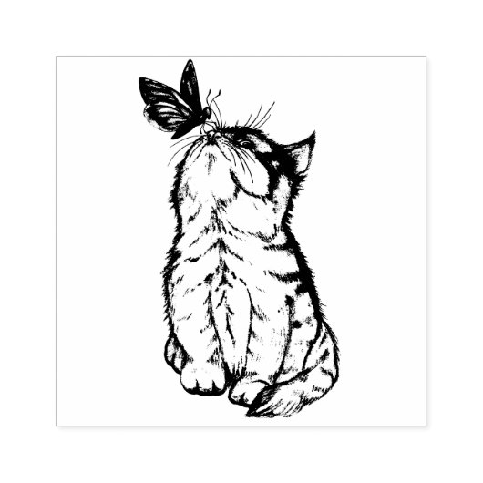 Kat en vlinder rubberstempel (Afrduk)