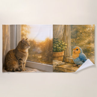 Kat-en-vogel warme raamlicht strandhanddoek strandlaken