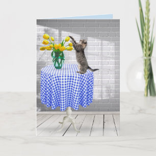 Kat- en vogelgele Tulpen op een tafelkaart Kaart