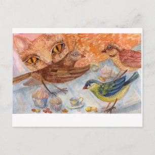 Kat en vogels briefkaart