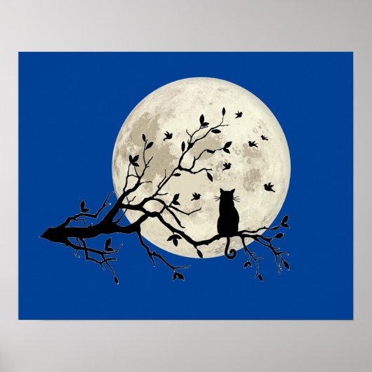 Kat en vogels met een boom-silhouet en een volle m poster (Voorkant)