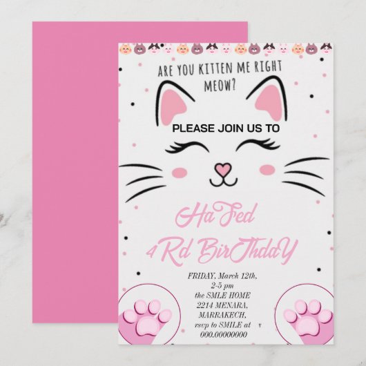 Kat en vrienden Verjaardag Uitnodiging, Printable  Kaart (Voorkant / Achterkant)
