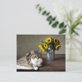 Kat en zonnebloemen briefkaart (Staand voorkant)