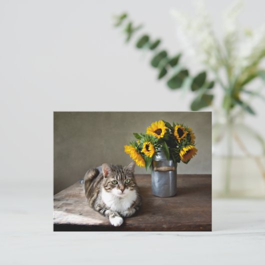 Kat en zonnebloemen briefkaart (Staand voorkant)