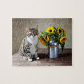 Kat en zonnebloemen legpuzzel (Horizontaal)