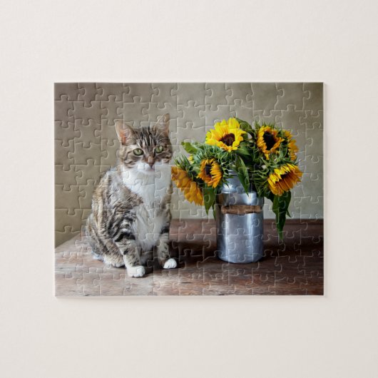 Kat en zonnebloemen legpuzzel (Horizontaal)