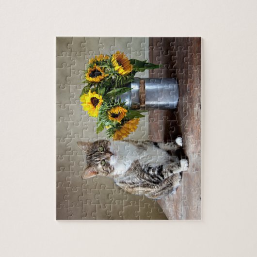 Kat en zonnebloemen legpuzzel (Verticaal)