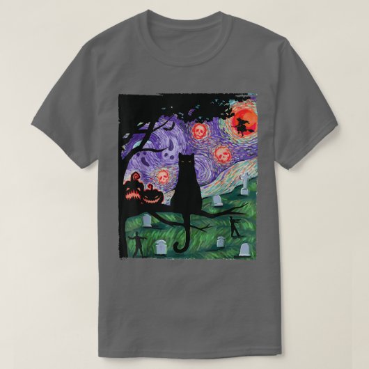 Kat, eng nachtkat, Van Gogh, Halloween T-shirt (Design voorkant)