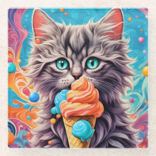Kat Eten Ice Cream Cone Funny Kitten Cat 779 Glazen Onderzetter
