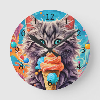 Kat Eten Ice Cream Cone Funny Kitten Cat 779 Ronde Klok