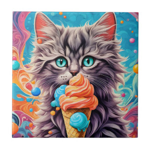 Kat Eten Ice Cream Cone Funny Kitten Cat 779 Tegeltje